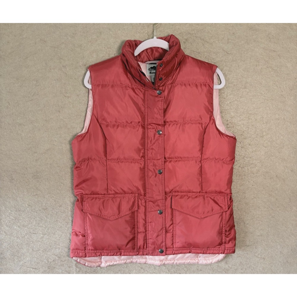 Roots Quilted Down Vest Womens Sz L Red Pink Full Zip Snap Mock Neck Pockets - Picture 1 of 8